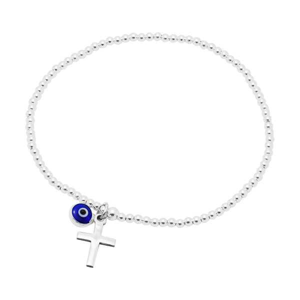 Gammie Cross and Eye of Protection Sterling Silver Stretch Bracelet