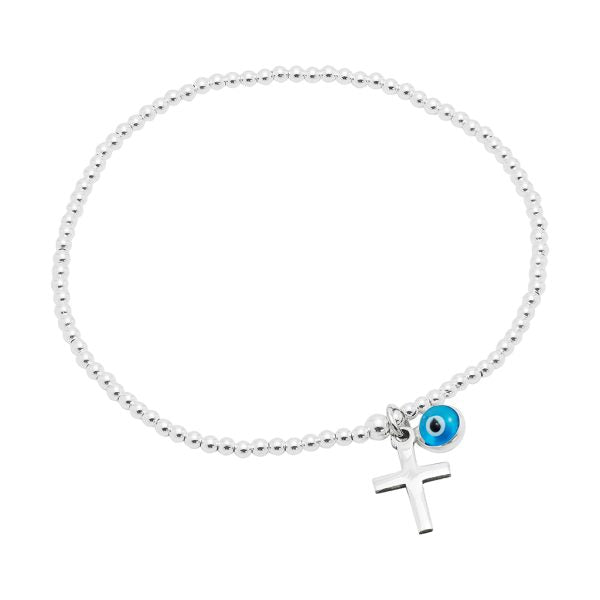 Gammie Cross and Eye of Protection Sterling Silver Stretch Bracelet