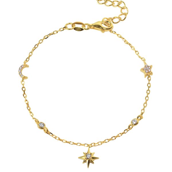 Gammie Stars and Moon Zirconia Fine Chain Gold Bracelet