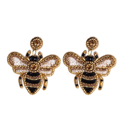 Blue Scarab Bumble Bee Beaded Earrings
