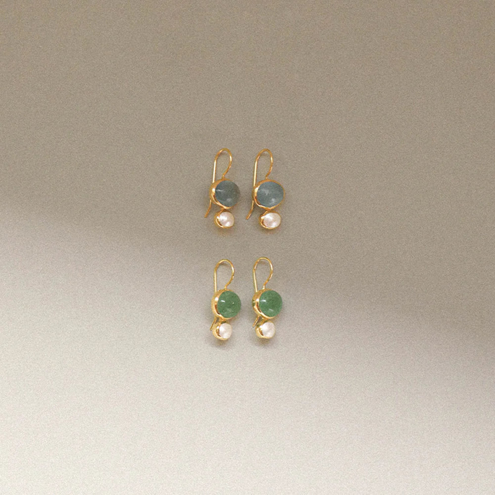 Bianc Cubism Green Aventurine Cabochon Fresh Water Pearl Earring