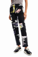 Desigual Straight Collage Black Print Trousers