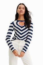 Desigual Striped Heart Cut-out Fitted Pullover