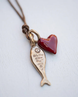 Pesci Che Volano Scorfano Fish and Red Heart Bronze Pendant