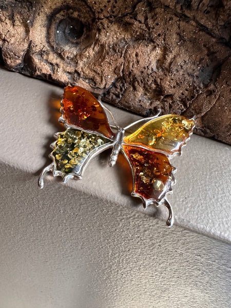Sterling Silver and Amber Butterfly Brooch