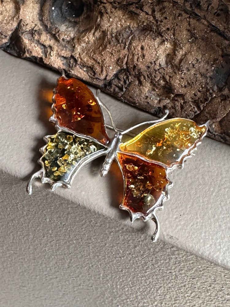 Sterling Silver and Amber Butterfly Brooch