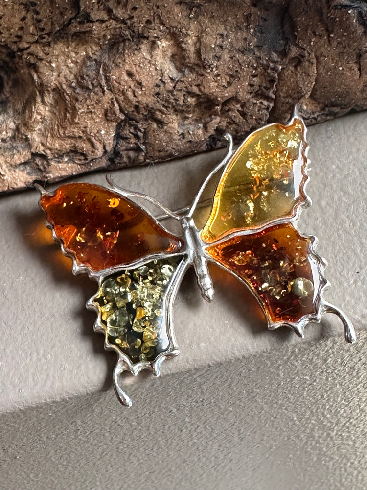 Sterling Silver and Amber Butterfly Brooch
