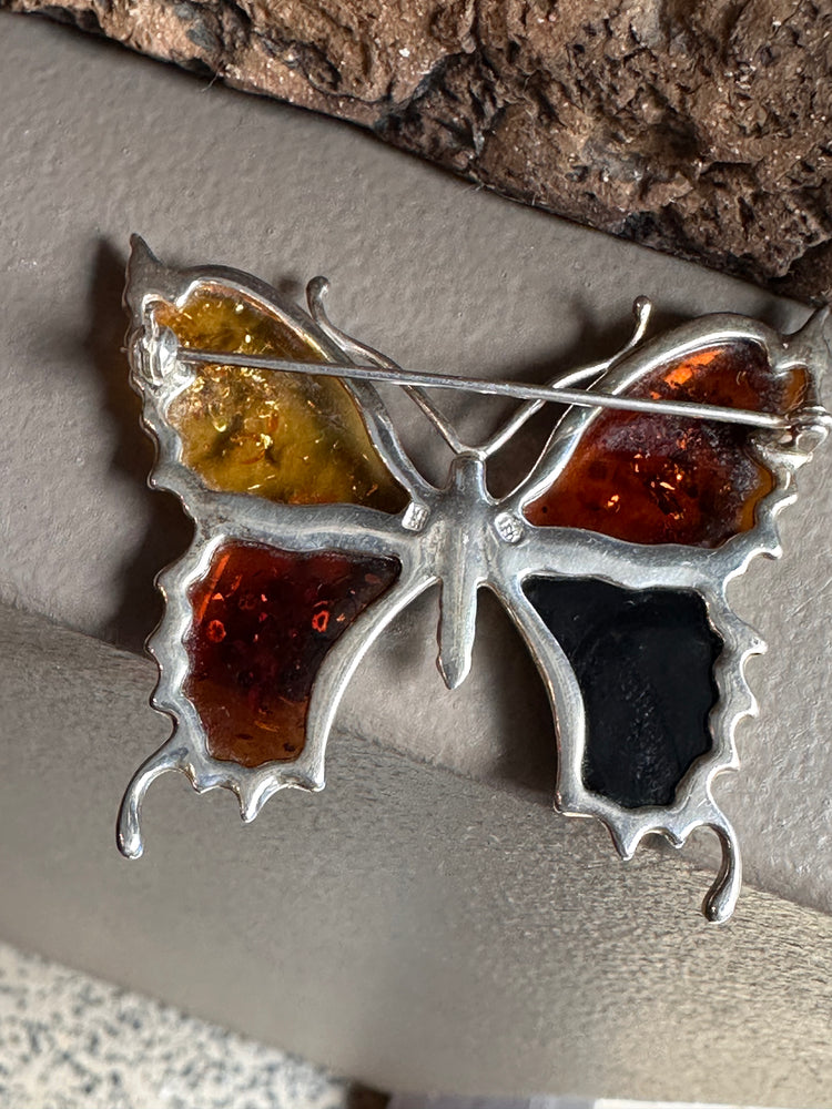 Sterling Silver and Amber Butterfly Brooch