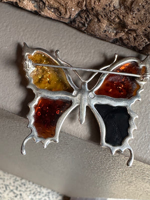 Sterling Silver and Amber Butterfly Brooch
