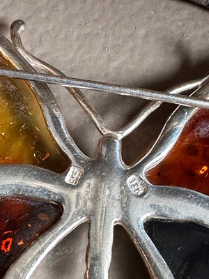 Sterling Silver and Amber Butterfly Brooch