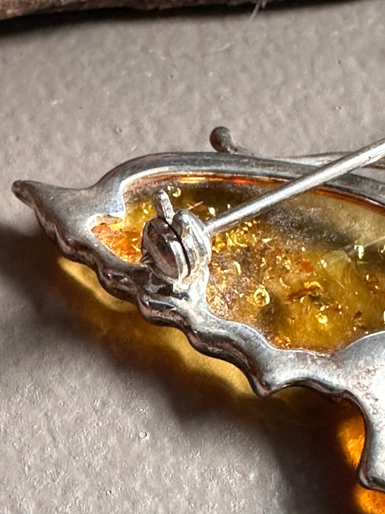 Sterling Silver and Amber Butterfly Brooch