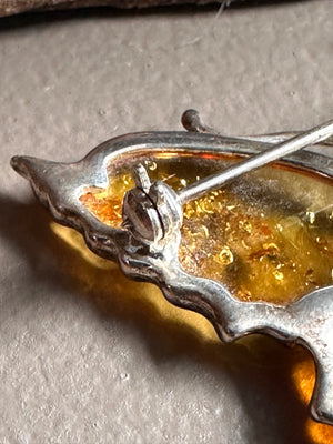 Sterling Silver and Amber Butterfly Brooch