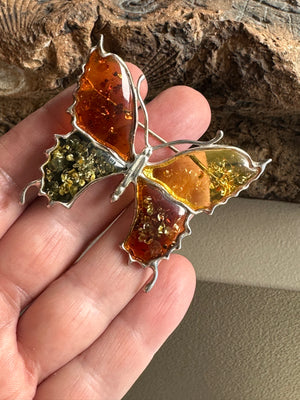 Sterling Silver and Amber Butterfly Brooch