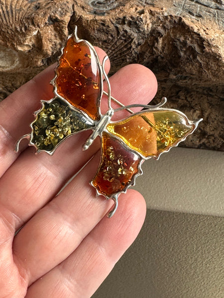 Sterling Silver and Amber Butterfly Brooch