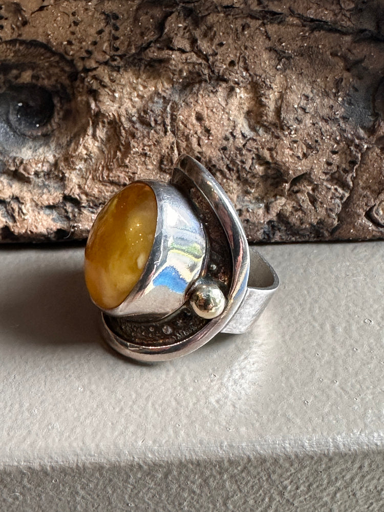 Sterling Silver Butterscotch Amber Wide  Ring
