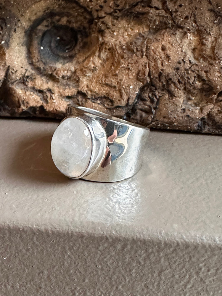 Sterling Silver and Rainbow Moonstone Beaten Wide Ring