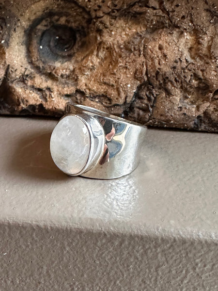 Sterling Silver and Rainbow Moonstone Beaten Wide Ring