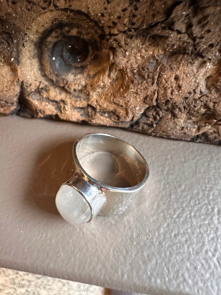 Sterling Silver and Rainbow Moonstone Beaten Wide Ring