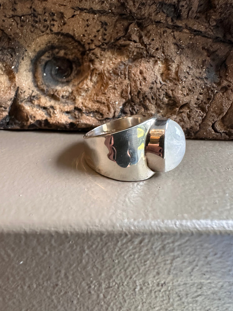 Sterling Silver and Rainbow Moonstone Beaten Wide Ring