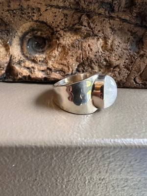 Sterling Silver and Rainbow Moonstone Beaten Wide Ring