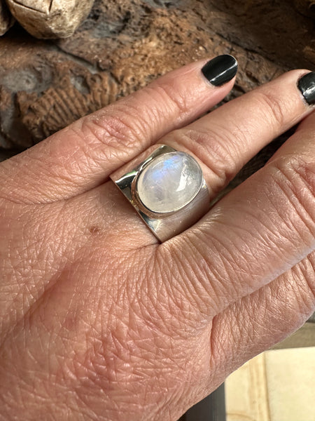 Sterling Silver and Rainbow Moonstone Beaten Wide Ring