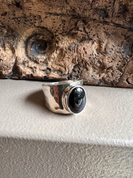 Sterling Silver and Black Tourmaline Beaten Wide Ring