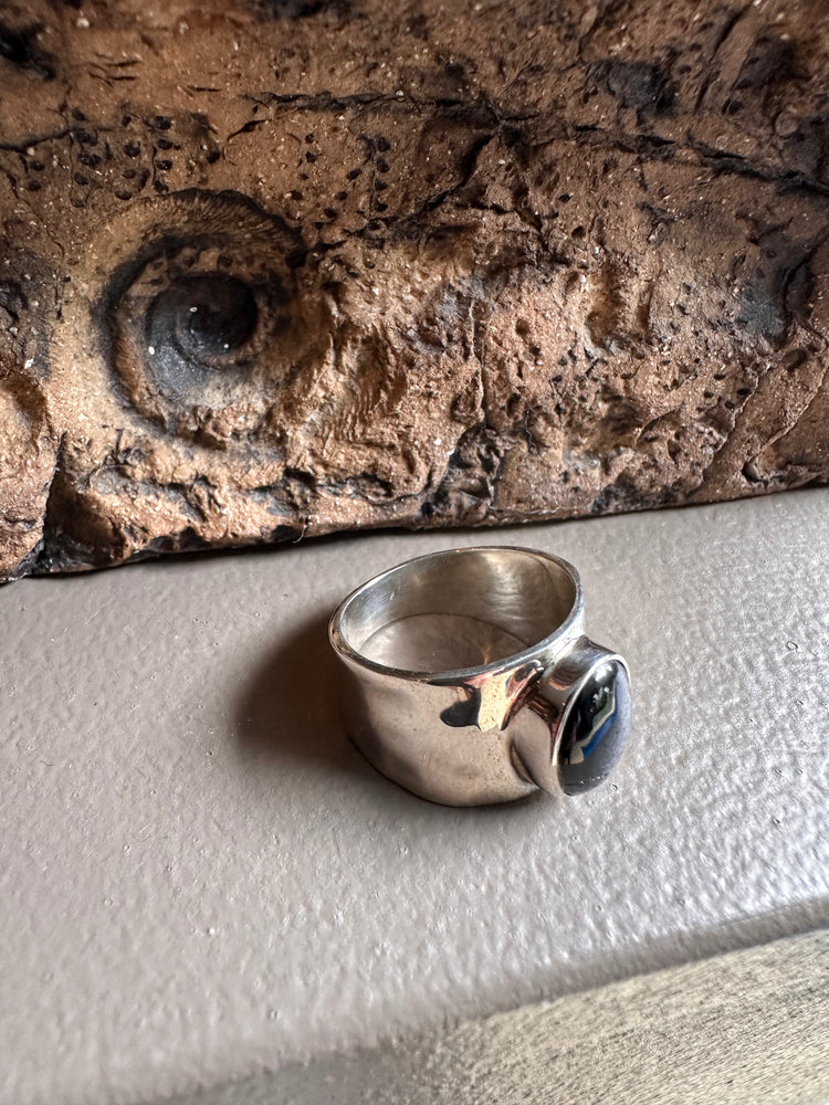Sterling Silver and Black Tourmaline Beaten Wide Ring