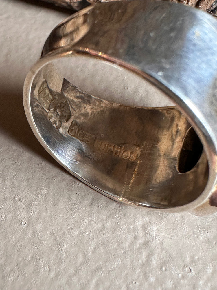 Sterling Silver and Black Tourmaline Beaten Wide Ring