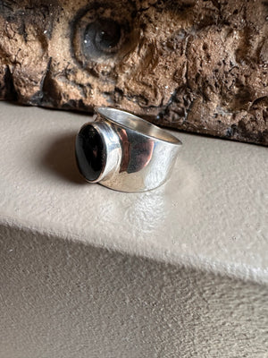 Sterling Silver and Black Tourmaline Beaten Wide Ring