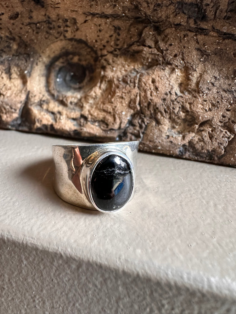 Sterling Silver and Black Tourmaline Beaten Wide Ring