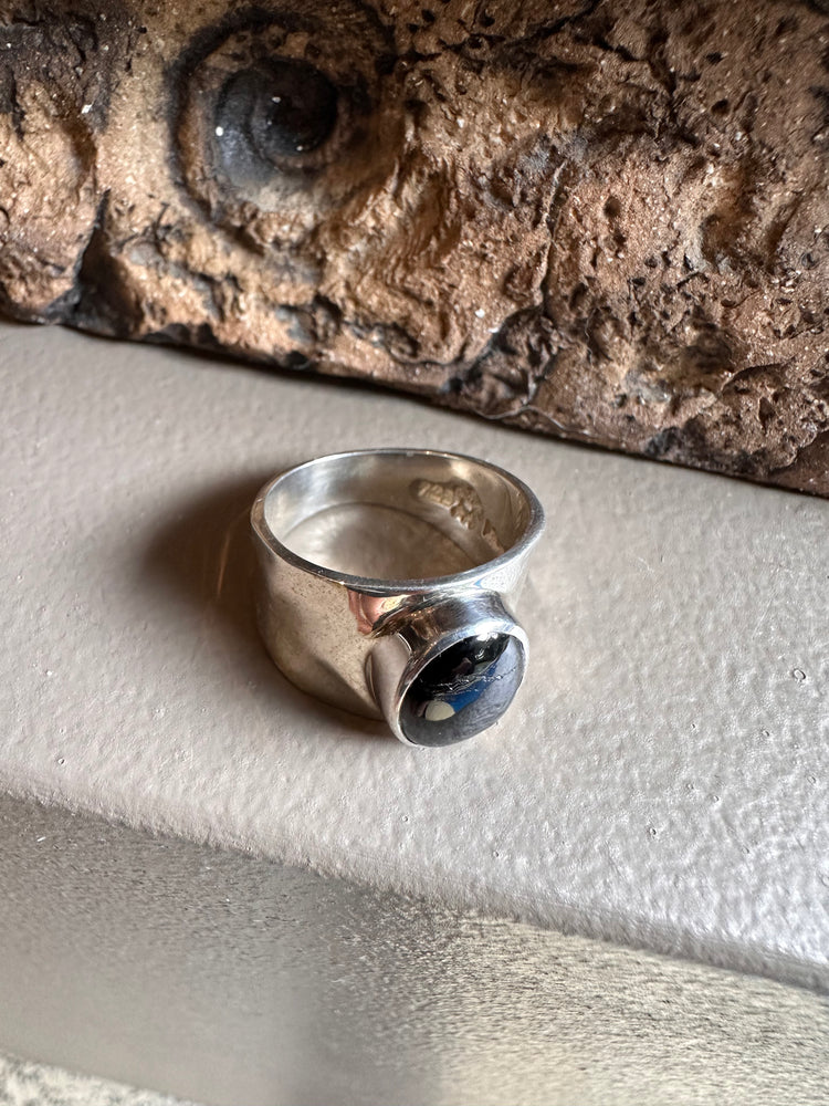 Sterling Silver and Black Tourmaline Beaten Wide Ring