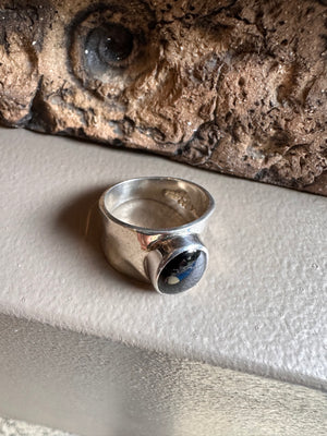Sterling Silver and Black Tourmaline Beaten Wide Ring