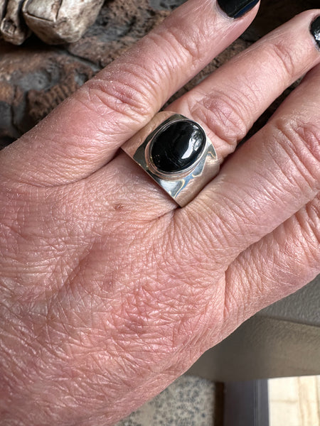 Sterling Silver and Black Tourmaline Beaten Wide Ring