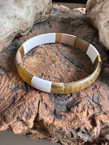 Soyang Paris Wide Stone and White and Gold Horn Bangle