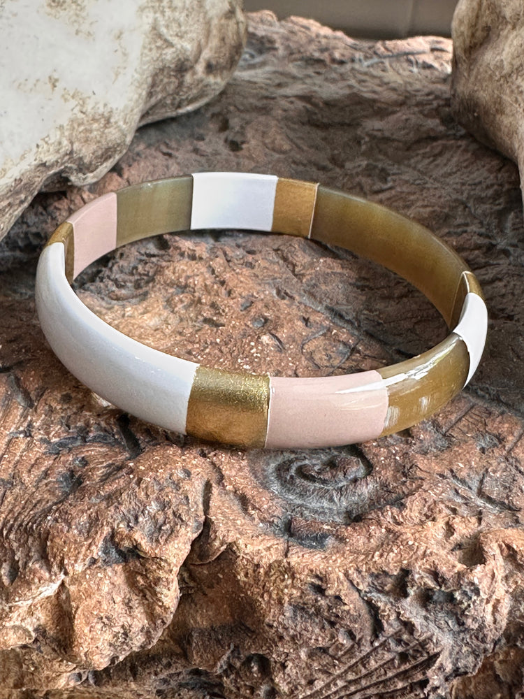 Soyang Paris Wide Stone and White and Gold Horn Bangle