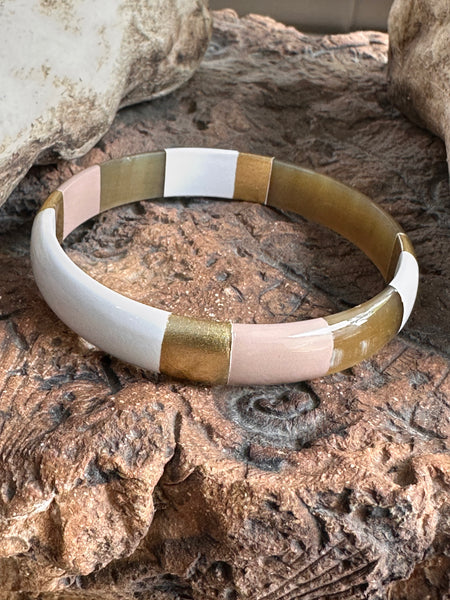 Soyang Paris Wide Stone and White and Gold Horn Bangle