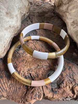 Soyang Paris Wide Stone and White and Gold Horn Bangle