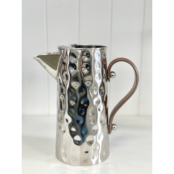 Stainless Steel Hammered Water Jug with Leather Handle