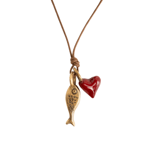 Pesci Che Volano Scorfano Fish and Red Heart Bronze Pendant